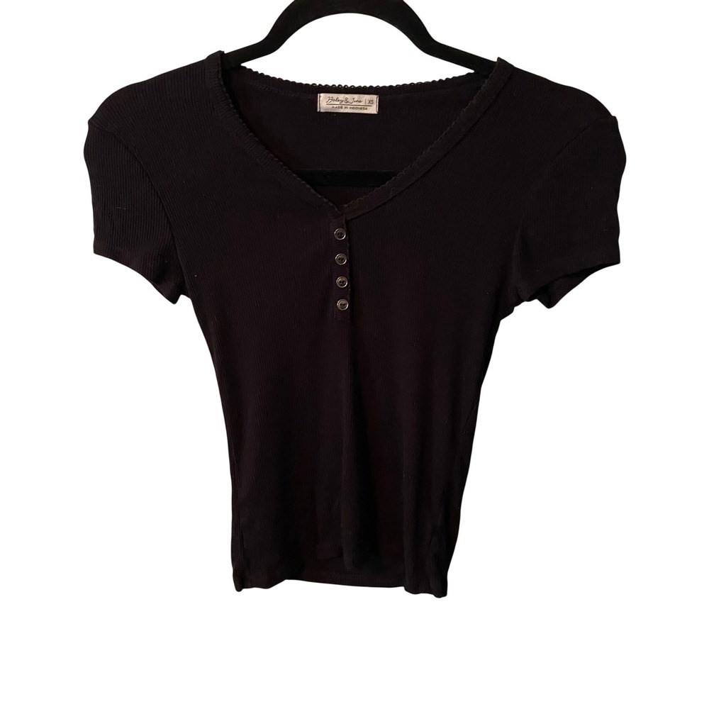 VTG Haley & June Black Ribbed Button Henley Short Sleeve V‎ Neck Top Women's XS